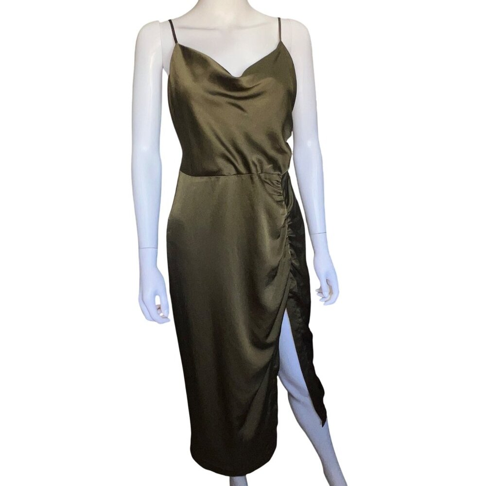 ASTR Satin Olive Green Midi Dress With Ruched Side Slit Adjustable Straps Size M